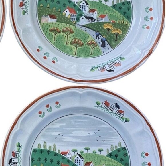 Newcor Stoneware 10 1/2 In Large Dinner Plates Country Village Scene Japan Set 2 - Picture 6 of 11